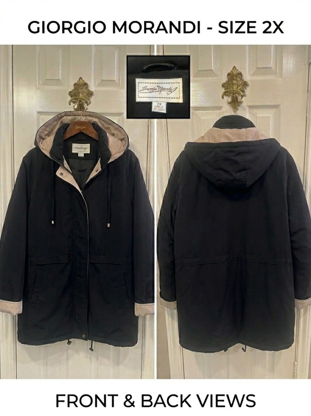 Giorgio Morandi Vintage Black Anorak Parka Jacket Size 2X Removable Hood Cinch